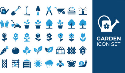 Vibrant vector set of gardening icons, showcasing essential tools, diverse plants, and nature symbols for horticulture, outdoor activities, and green design projects © Iconesia Studio