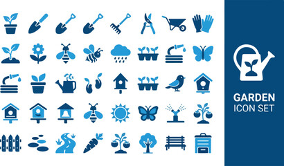 Fototapeta premium Set of vector garden and farming icons in blue on a dark background, representing tools, plants, and activities