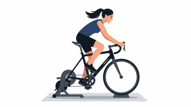 Energetic young woman engages in a focused indoor cycling workout on a stationary bike trainer, dedicating herself to fitness and health at home to boost stamina and well-being