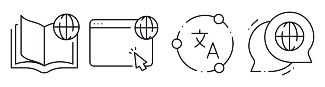 Language translation and global communication in icon set. Editable stroke