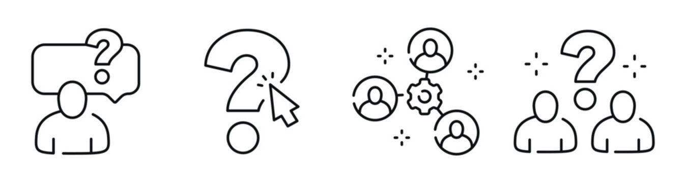 Users asking questions and network icons representing support concepts. Editable stroke