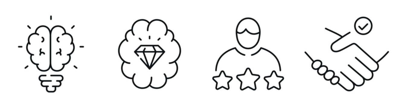 Brain idea gem customer rating and handshake icons representing trust. Editable stroke
