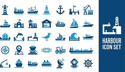 Vector collection of diverse harbour and maritime icons presented on a clean white background, ideal for illustrating port activities, navigation, and coastal themes © Iconesia Studio