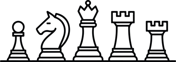 Clean vector chess concept showing single file arrangement of knight rooks queen and knights with precise outline and structured professional styling © Mehg
