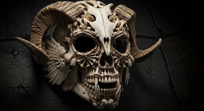 Detailed Skull with Horns and Wings.