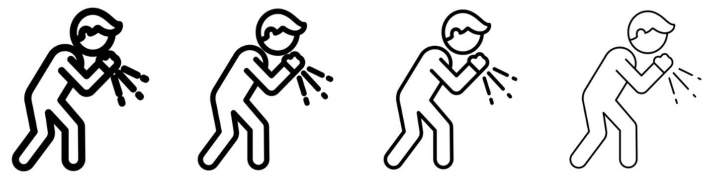 Set of human coughing or sneezing icons with different line weights. Cold, virus or allergy symptom. Vector illustration.