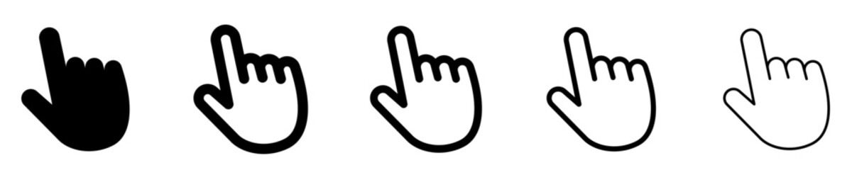 Obraz premium Line icons of a hand with a pointing index finger at an angle. Black elements of different stroke weights. Vector illustration.