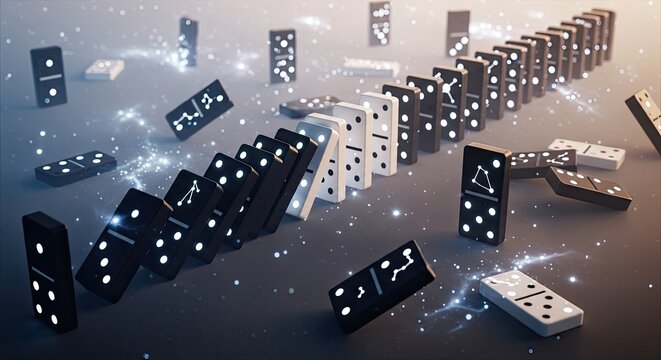 Dominoes falling in a chain reaction.