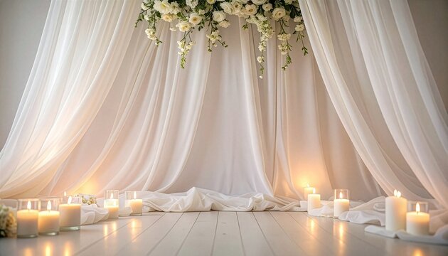 結婚式や成人式の前撮りフェアの告知を美しく引き立てる、エレガントな白カーテンのフォトブース背景
