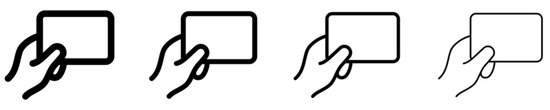 A set of line icons depicting a hand holding a card, business card, or blank rectangle. Graphic elements are made in black with various stroke weights. Vector illustration.