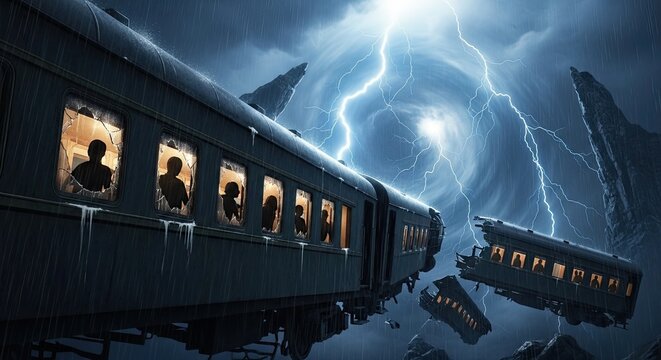 Dramatic train crash in stormy weather.
