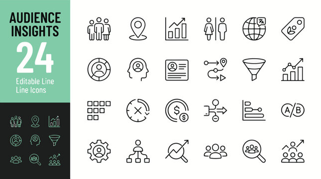 Audience Insights and Data Analytics Icon Set - 24 Editable Line Icons for Marketing, Customer Research, Demographic Analysis, User Behavior, Sales Funnel, and Business Strategy Vector.