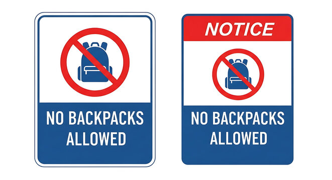 Blue prohibition sign with backpack and text "no backpacks allowed" in english and spanish