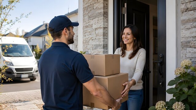 Friendly delivery person handing packages to a smiling woman at her doorstep on a sunny day.