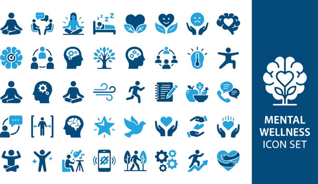 Modern vector icon set for mental well-being and psychological health awareness, illustrating concepts of mindfulness, meditation, and emotional support in a dark blue palette