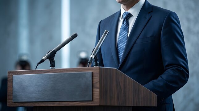 Businessman in a suit standing confidently at a wooden podium with microphones in a formal setting