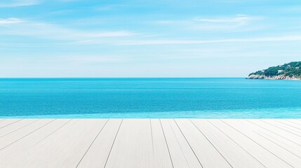 Fototapeta premium Serene coastal view with blue ocean, clear sky, and wooden deck