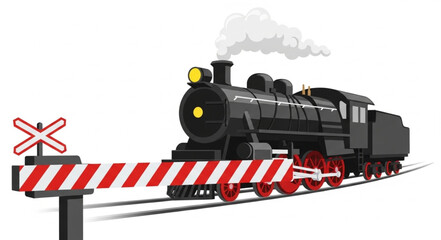 Vintage steam locomotive approaching a railway crossing barrier. © Sadar