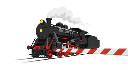 Vintage steam locomotive approaching a railway crossing. © Sadar