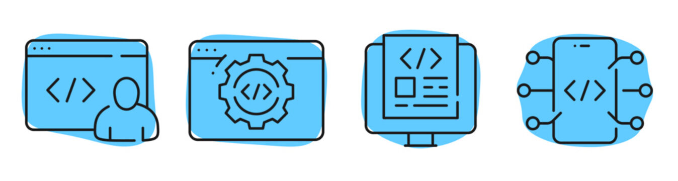 Developer interface icons showing coding tools and app integration. Editable stroke