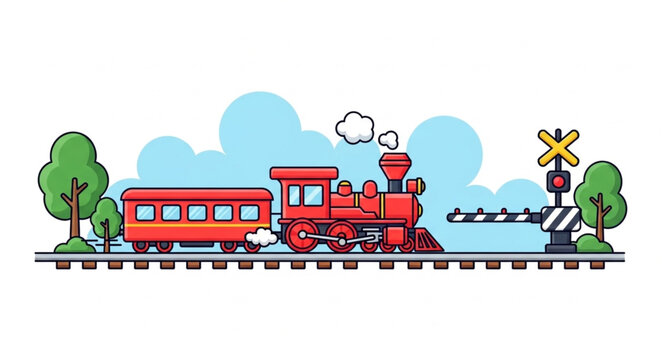 Vintage red steam train on railway tracks with crossing gate.