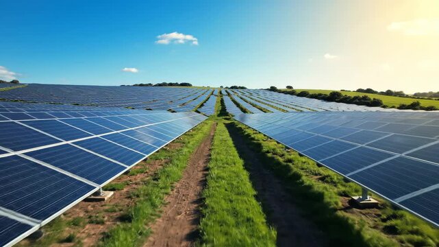 Expansive solar farm stretching across rolling green hills under a bright blue sky with fluffy clouds and warm sunlight.