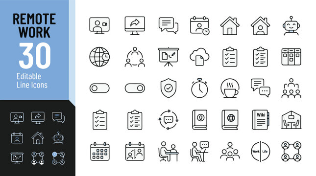 Remote Work Icon Set - Home Office, Telecommuting, and Digital Nomad Business Line Icons. Editable Stroke. Vector Illustration for Communication, Productivity, and Team Collaboration Tools.