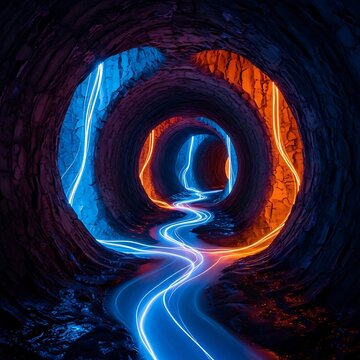 Neon-lit tunnel, glowing blue and orange lights, abstract background, futuristic atmosphere, dark passageway