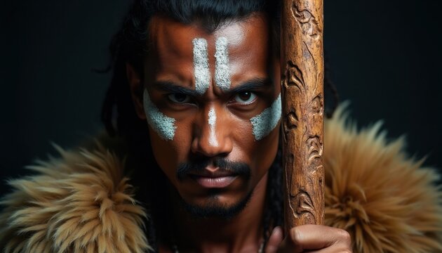 Polynesian man in tribal face paint holds carved wooden staff. He wears fur trim clothing with serious expression. Cultural heritage portrait evokes power and ancestry.