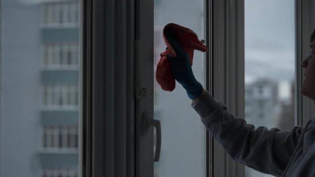Professional cleaner male wearing protective gloves washing dirty window with rag. Household chores and professional cleaning services for residential apartments concept. Shooting in slow motion.