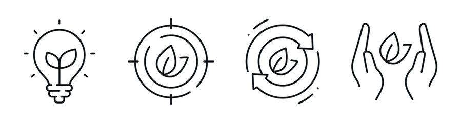 Eco icons illustrating sustainability concepts and conservation actions. Editable stroke