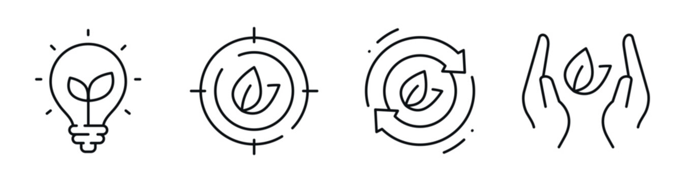 Eco icons illustrating sustainability concepts and conservation actions. Editable stroke