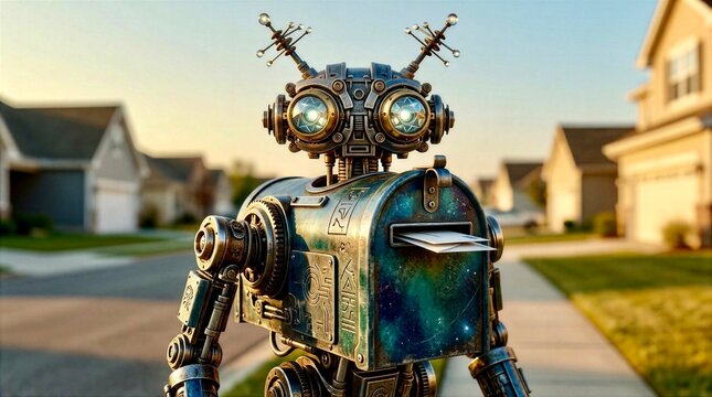 Robot stands on sidewalk in suburban neighborhood during golden hour, showcasing its unique design and mailbox features
