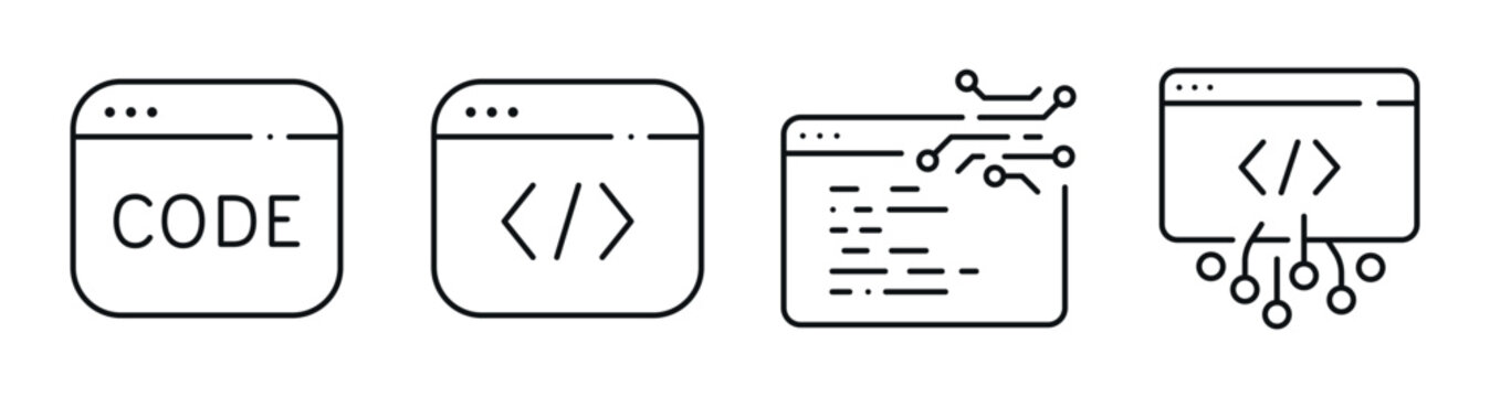 Code symbols showing development process in browser windows. Editable stroke