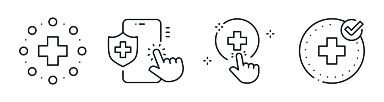 Medical health icons indicating care access and approval. Editable stroke