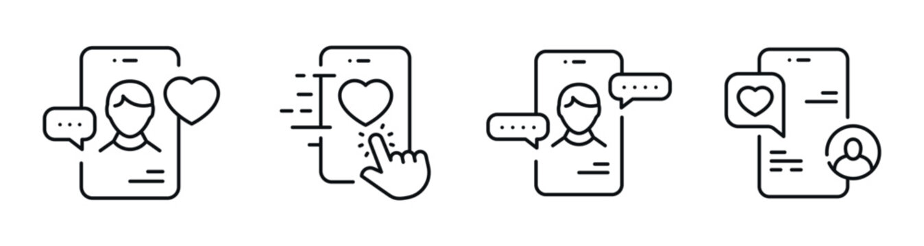 Mobile dating app icons showing user interactions on interface. Editable stroke