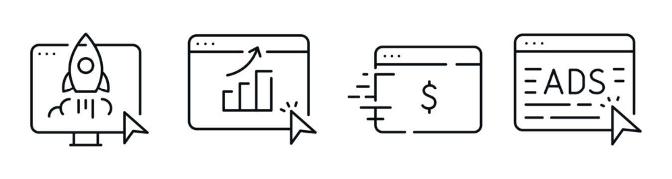 Marketing icons illustrating growth and monetization in browser windows. Editable stroke