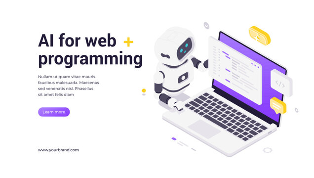Modern isometric vector banner template for AI web programming and automated coding solutions. Features robot working on laptop with code interface and programming technology symbols for developers.