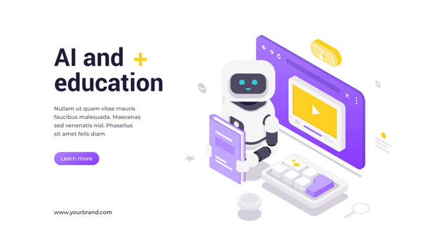 Modern isometric vector banner template. AI robot with book and computer for education technology. Concept for artificial intelligence learning and online courses.