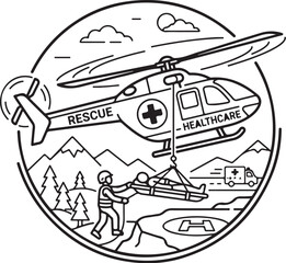Black and white line drawing of a helicopter rescue operation in a mountainous landscape © RahimaAkther