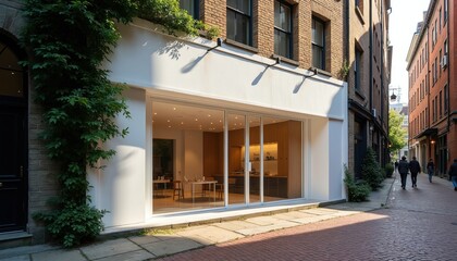 Fototapeta premium Modern white shopfront with large glass doors on old brick street. Green plant climbs old building facade. People walk down narrow urban alleyway in city.