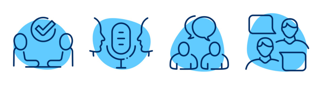 People communicating in meetings interviews and coaching icon set