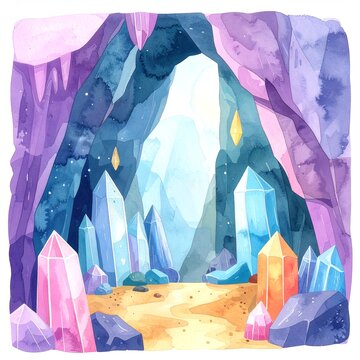 Minimalist watercolor cartoon illustration of crystal-filled mine cave