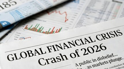 Obraz premium Newspaper headline predicting global financial crisis with crash of 2026 and markets plunge