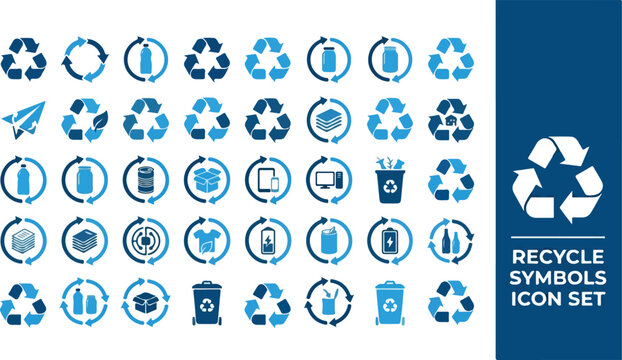 Comprehensive vector collection of recycling symbols and environmental icons, featuring a variety of flat design elements for sustainability and eco-friendly projects