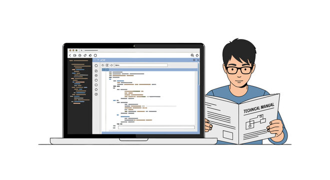 Young male programmer studying a technical manual while coding on a laptop, illustrating software development, learning, and IT support concepts.