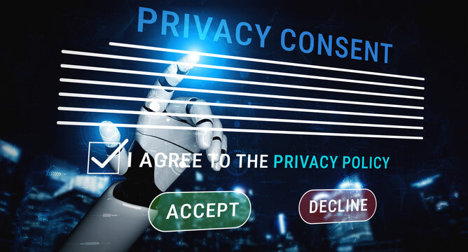 Futuristic Hand Interacting with Digital Privacy Consent Agreement Displayed on Screen in Modern Technological Environment Haptic.
