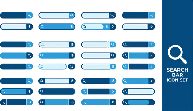 Modern flat vector search bar collection for web design. Diverse user interface input elements and buttons for online search functionality, ideal for app development and digital platforms