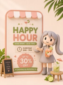 Cute pastel 3D character promoting happy hour drinks discount cocktail banner