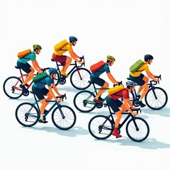 Fototapeta premium Group of cyclists ride bikes wearing helmets and backpacks. Men and women cycle together on road bikes with colorful gear. Outdoor sport activity and team training.